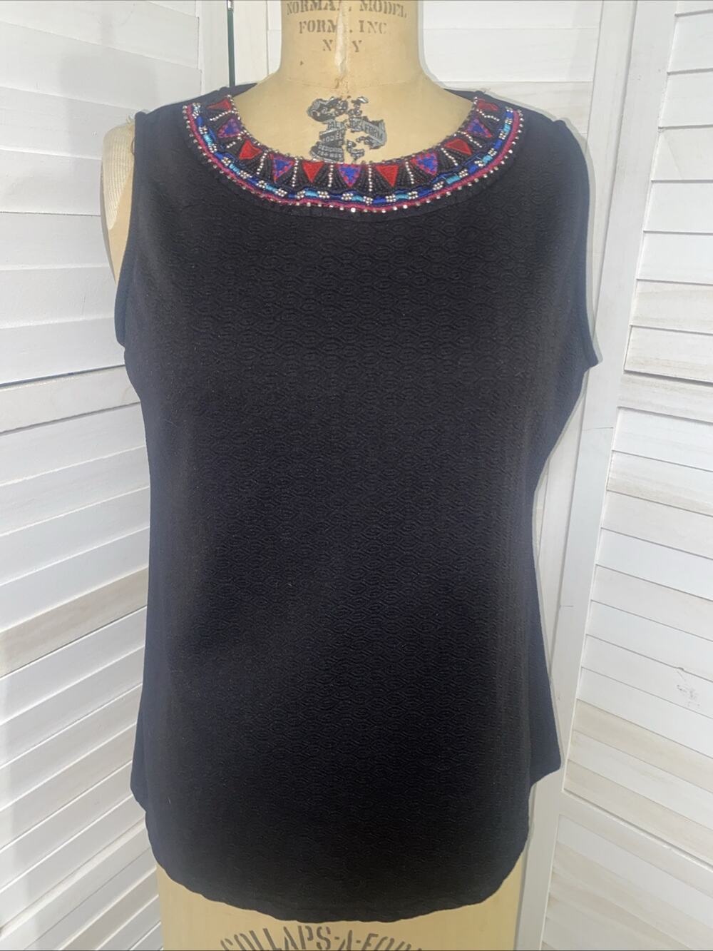 Russell Kemp Tank Top Blouse Women’s Black Breaded Embroidered Sz Large